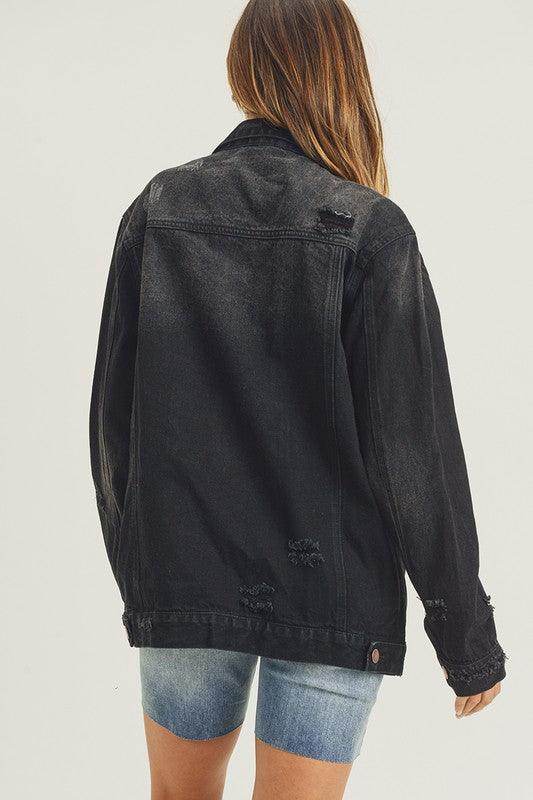 RISEN Full Size Distressed Long Sleeve Denim Jacket for Women-1