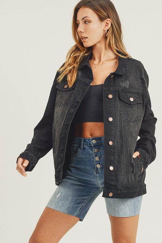RISEN Full Size Distressed Long Sleeve Denim Jacket for Women-4