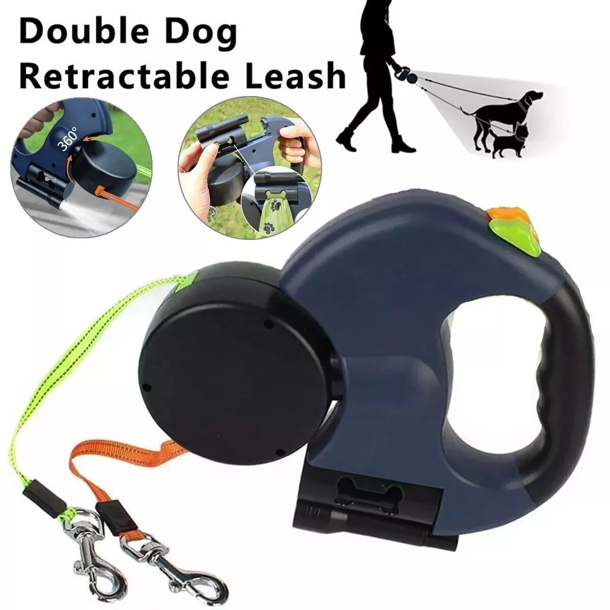 Dual Dog Leash with waste bag holder for outdoor pet walking