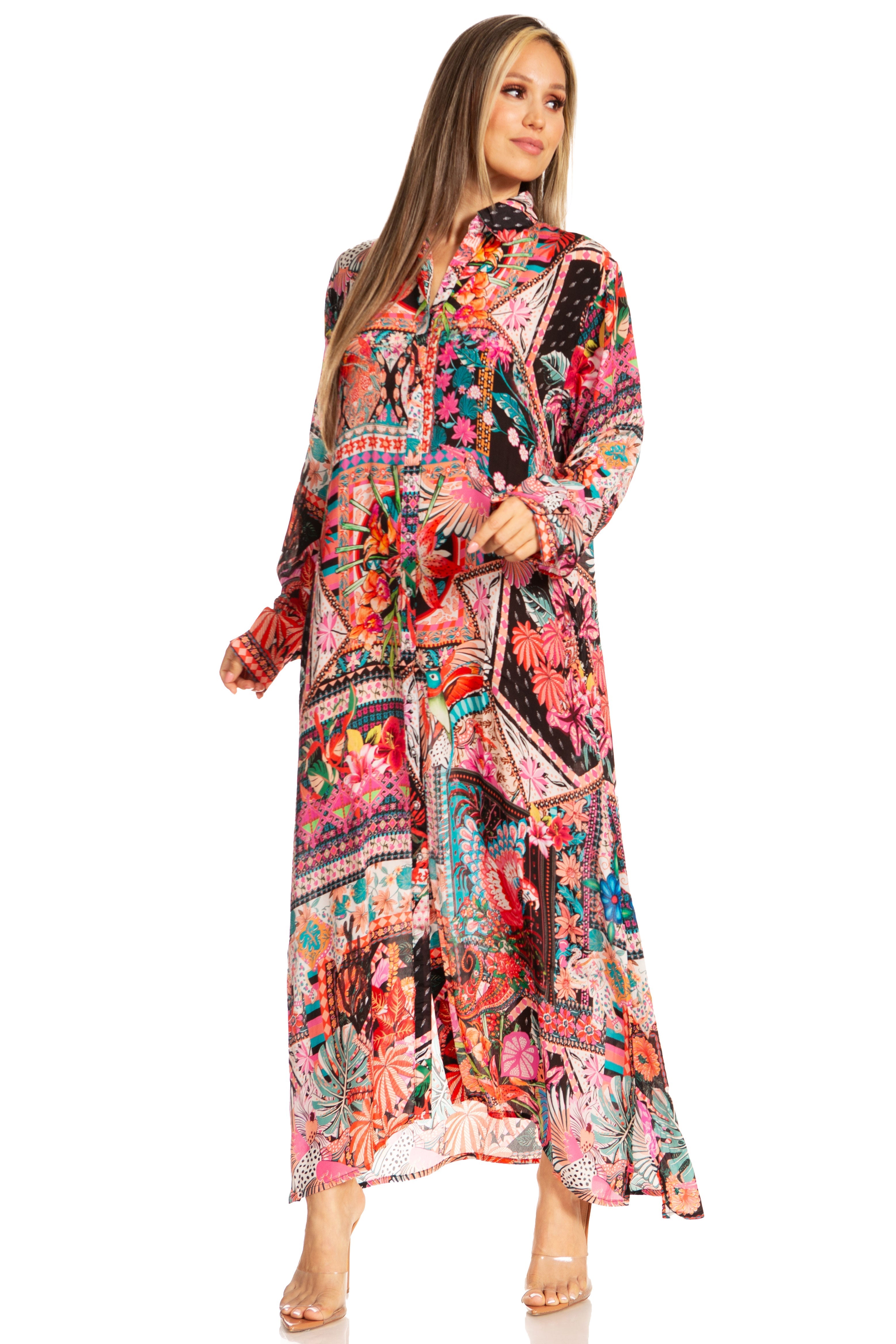 Sakkas Womens Long Sleeves Button Down Spring/Summer Maxi Shirt dress/Beachwear