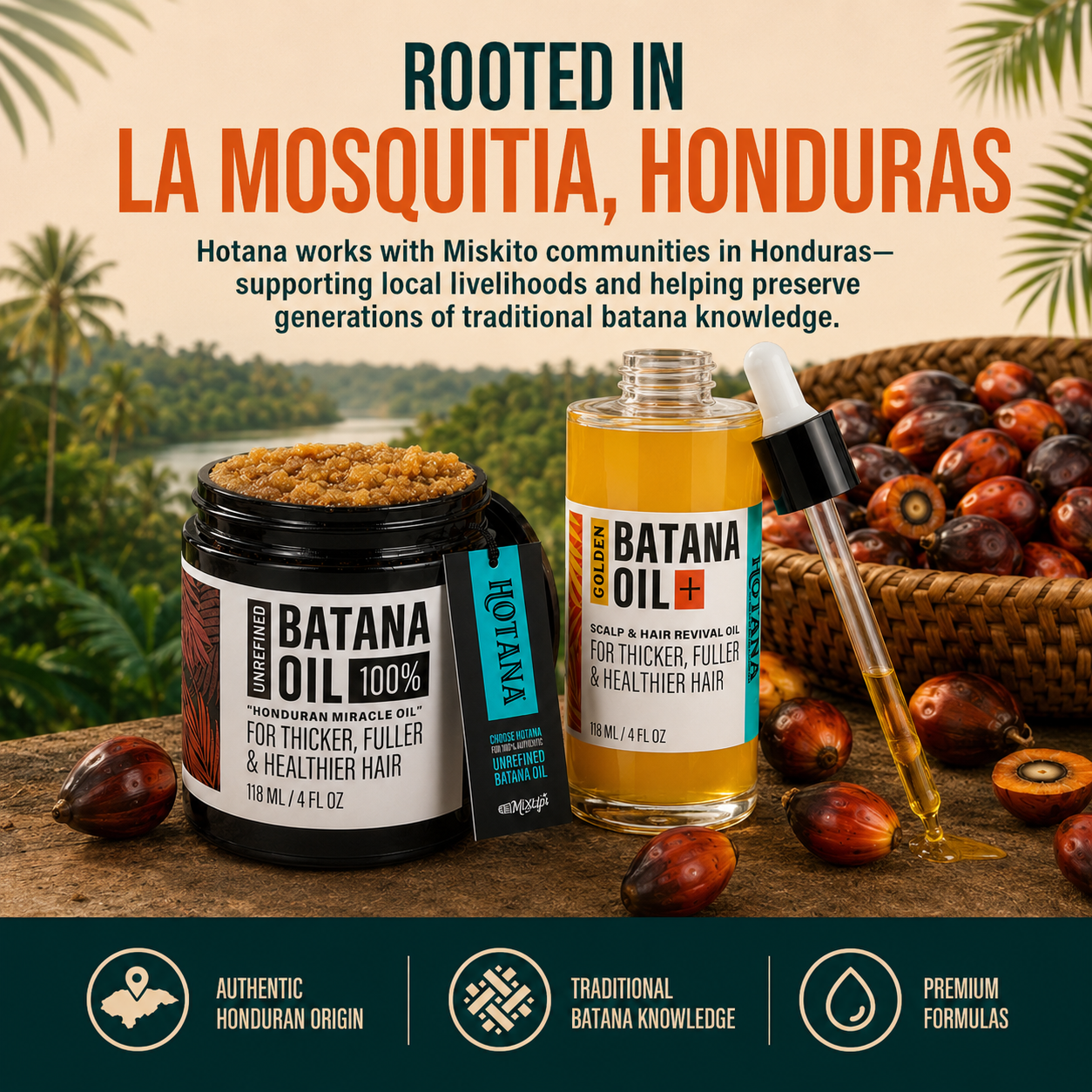 Two bottles of Hotana Banana Oil 100% are shown in a promotional graphic. One is a dark jar with a scoop of brown banana paste, and the other is a clear bottle with a glass dropper showing golden oil, set against a tropical banana plantation background with text overlays about roots in La Mosquitia, Honduras.
