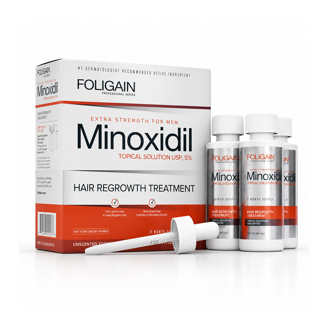 FOLIGAIN Minoxidil 5% hair regrowth treatment for men three month supply bottles