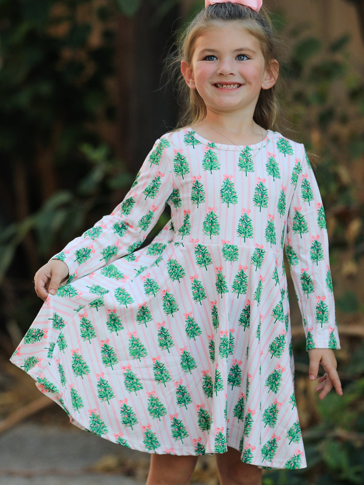 Christmas Girls Pink Stripe Tree Bow Twirl Dress