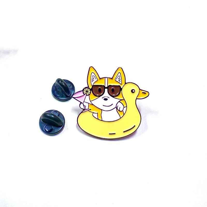 Corgi Floaty Enamel Pin glossy enamel finish with colorful summer details