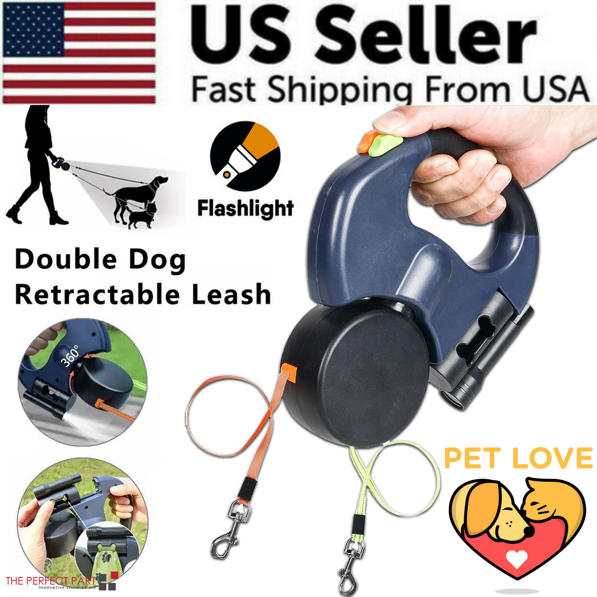Dual Dog Leash with retractable leads and 360 degree swivel mechanism