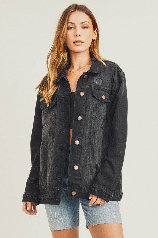 RISEN Full Size Distressed Long Sleeve Denim Jacket for Women-0