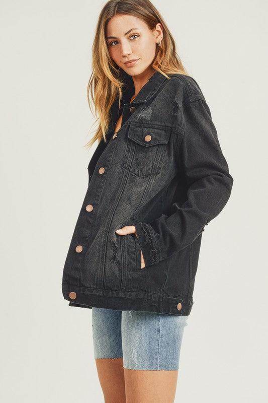 RISEN Full Size Distressed Long Sleeve Denim Jacket for Women-2