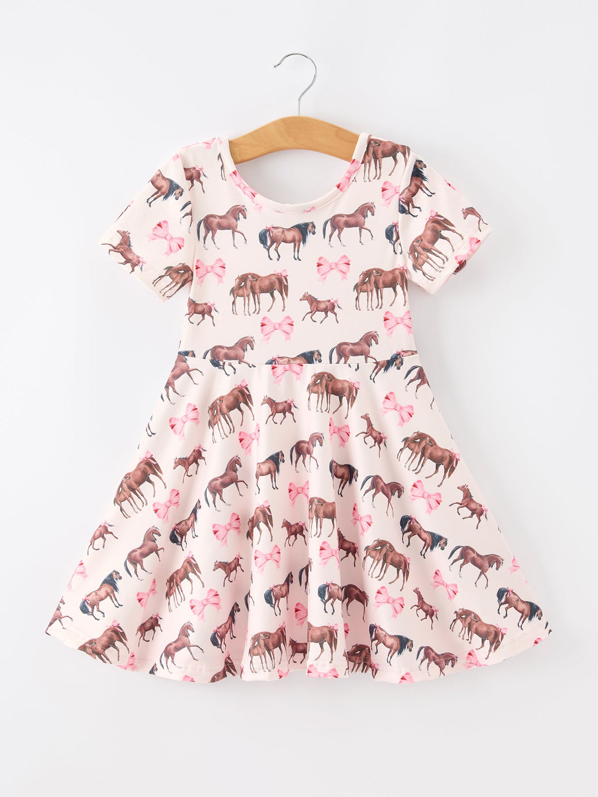 Girls Western Horse Print Twirl Dress Short Sleeve