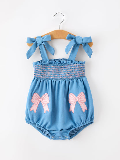 Summer Bow Baby Romper Smocked Strap Bubble Bow Applique