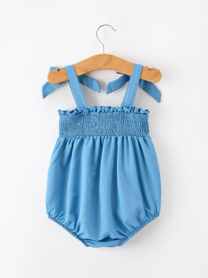 Summer Bow Baby Romper Smocked Strap Bubble Bow Applique