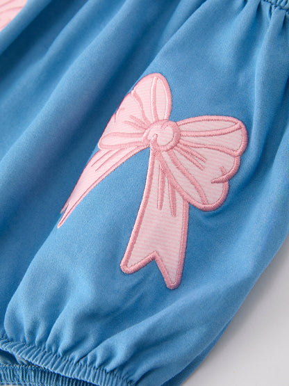 Summer Bow Baby Romper Smocked Strap Bubble Bow Applique