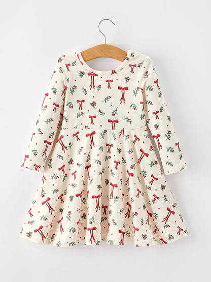 Girls Christmas Bow &amp; Berry Print Twirl Dress