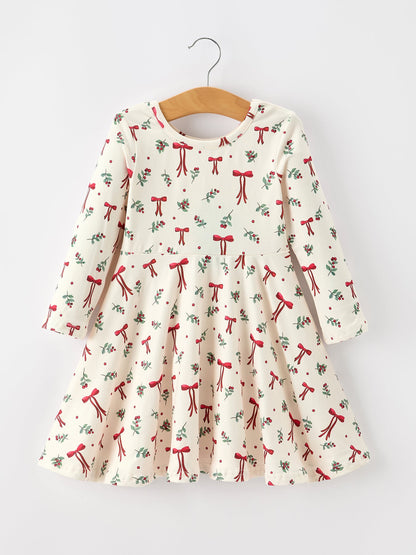 Girls Christmas Bow &amp; Berry Print Twirl Dress
