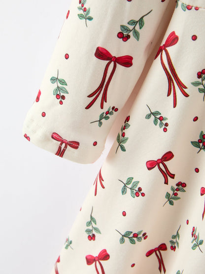 Girls Christmas Bow &amp; Berry Print Twirl Dress