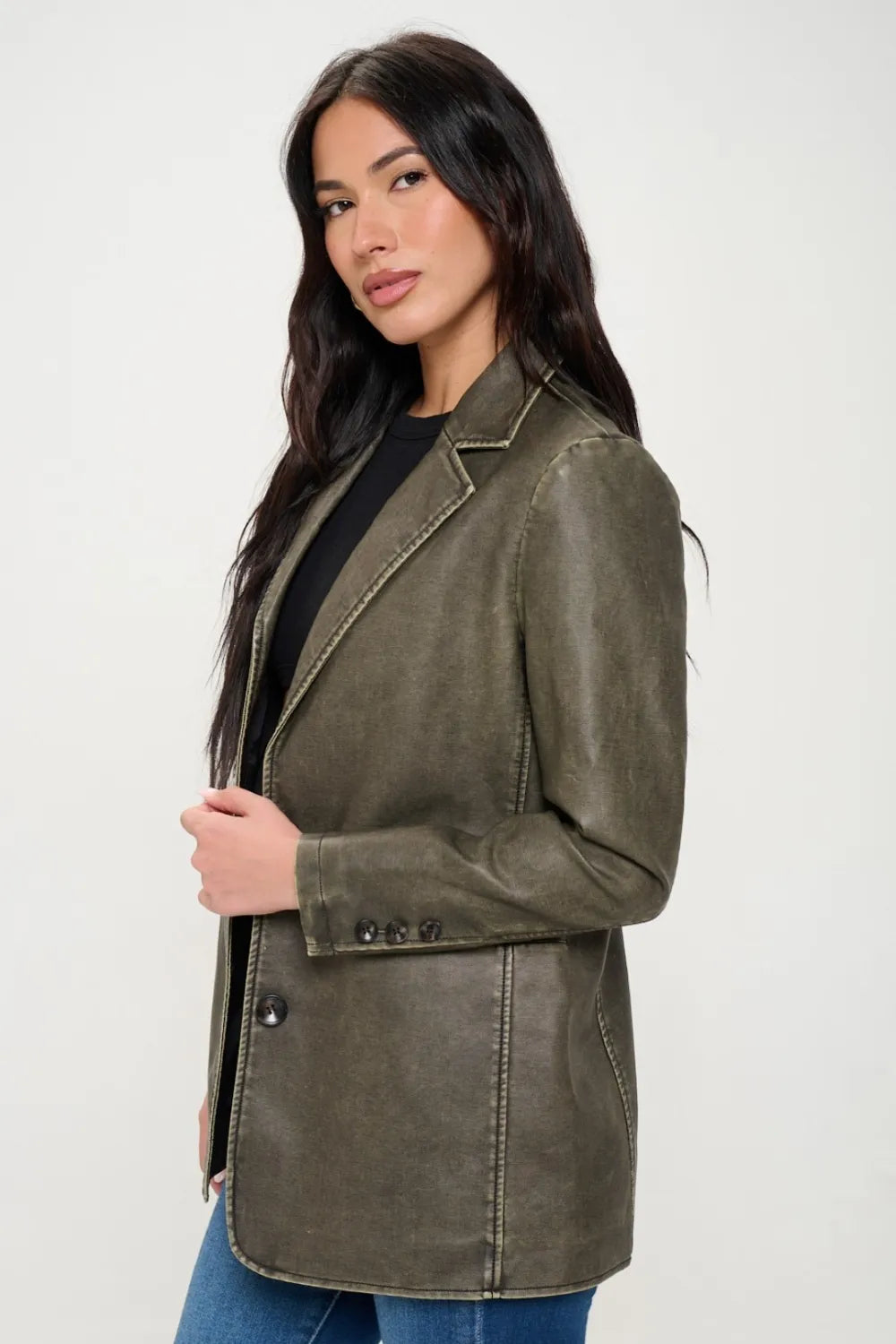 Coalition LA Single-Breasted Vegan Leather Blazer side view