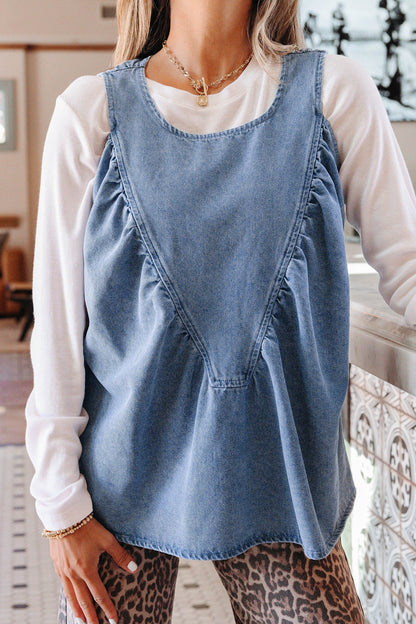 Myosotis Denim Pleated Patchwork Sleeveless Top