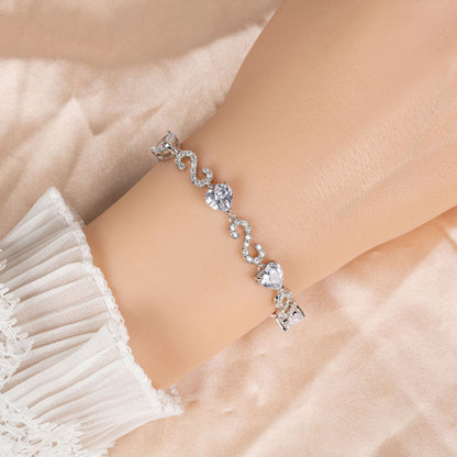 S925 Silver Number-Spliced Heart &amp; Cubic Zirconia Bracelet