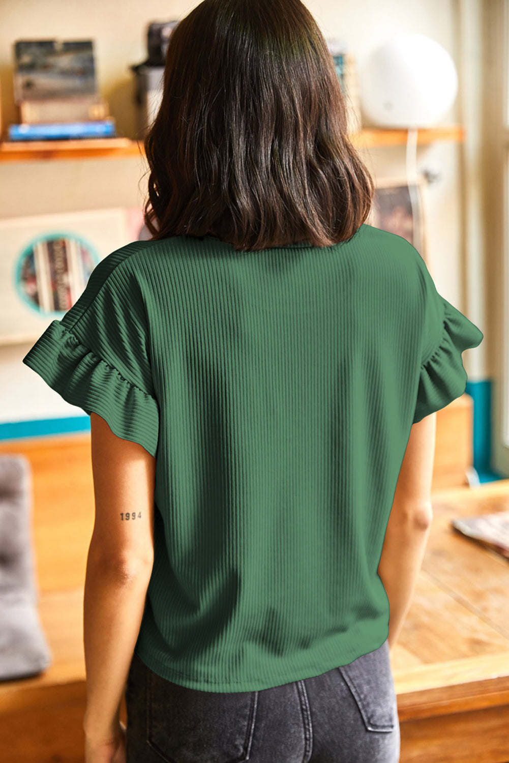 White Solid Color Ribbed Ruffled Short Sleeve T Shirt