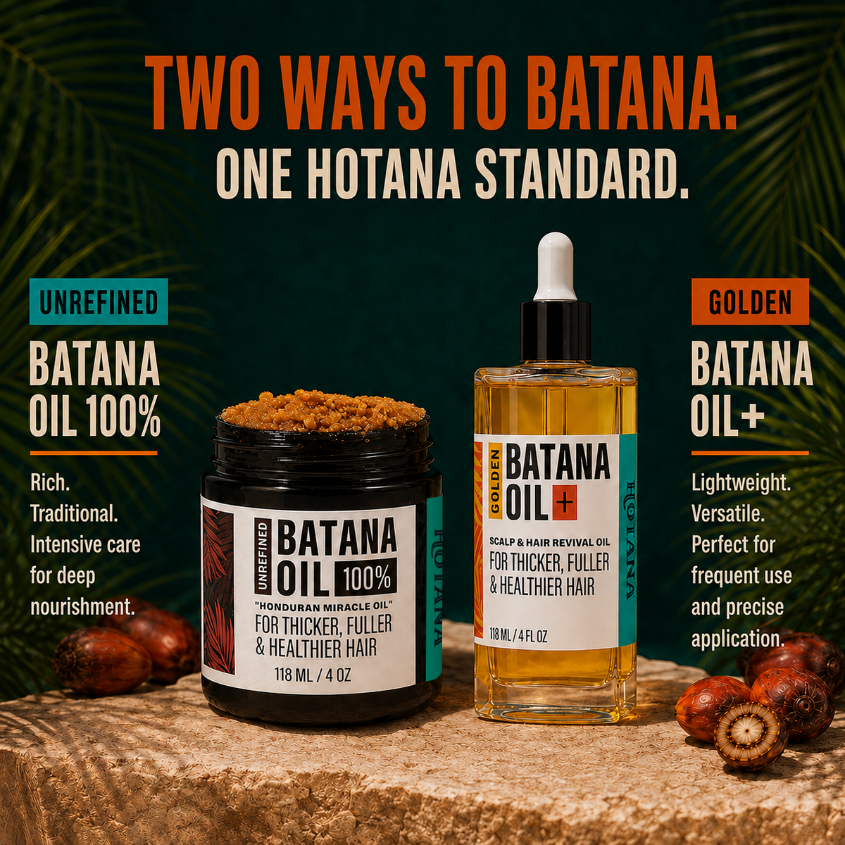 Two Batana Oil products displayed on a stone surface with tropical leaves in the background: a dark jar labeled &