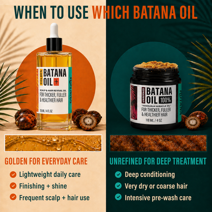 A split promotional graphic for Batana Oil hair care products. The left side shows a clear bottle of golden Batana Oil with a white dropper cap on a warm beige background with palm leaves and a large orange circle.