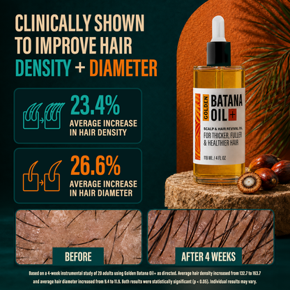Golden Banana Oil hair growth bottle displayed on a wooden pedestal with coconuts, against a dark teal promotional background with text claims about hair density and diameter, plus before/after hair close-ups.