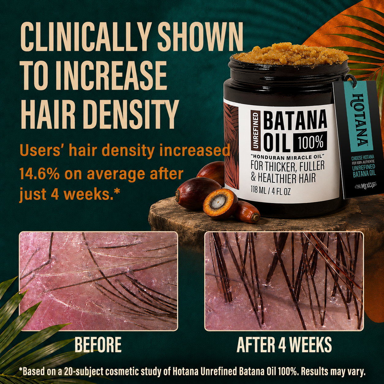 A jar of Unrefined Batana Oil hair growth serum is shown on a dark tropical background with promotional text, before/after hair density photos, and a side tag reading Hoya. The product itself is a dark amber-brown jar with a white label and brown contents visible at the top.