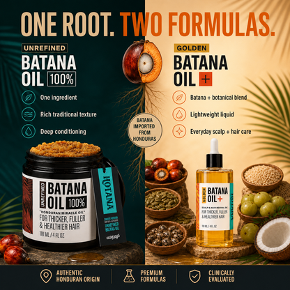 Promotional graphic for Batana Oil hair care products, showing a jar labeled &