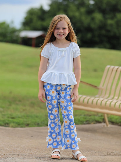 White Top And Daisy-Print Flared Pants Girl&