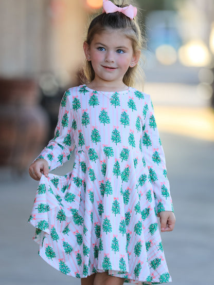 Christmas Girls Pink Stripe Tree Bow Twirl Dress