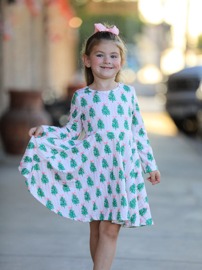 Christmas Girls Pink Stripe Tree Bow Twirl Dress