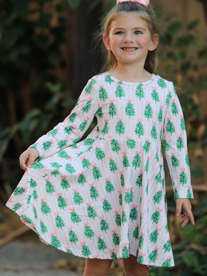 Christmas Girls Pink Stripe Tree Bow Twirl Dress