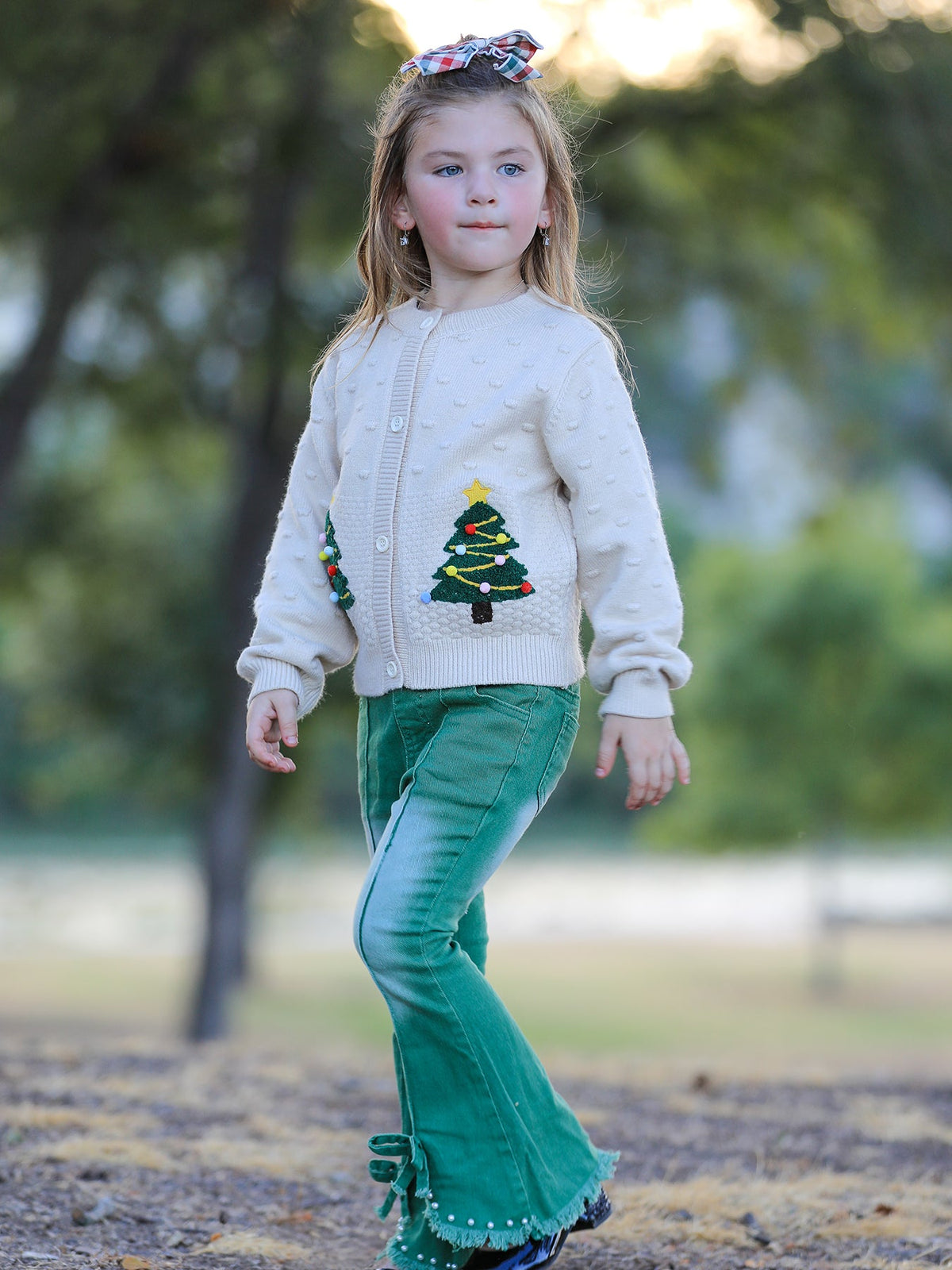 Christmas Tree Knit Cardigan Kids Holiday Sweater Button Front