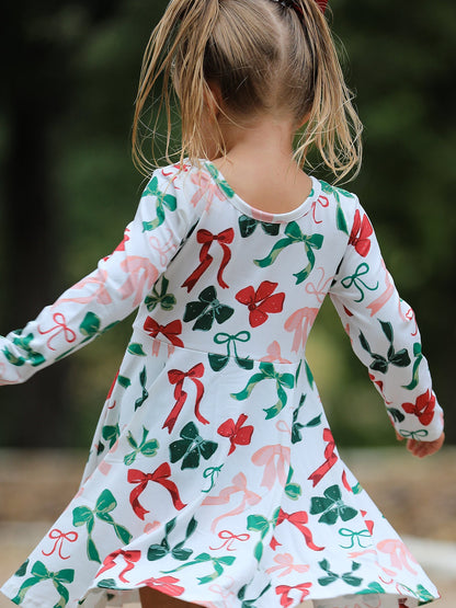Girls Christmas Bow Print Dress