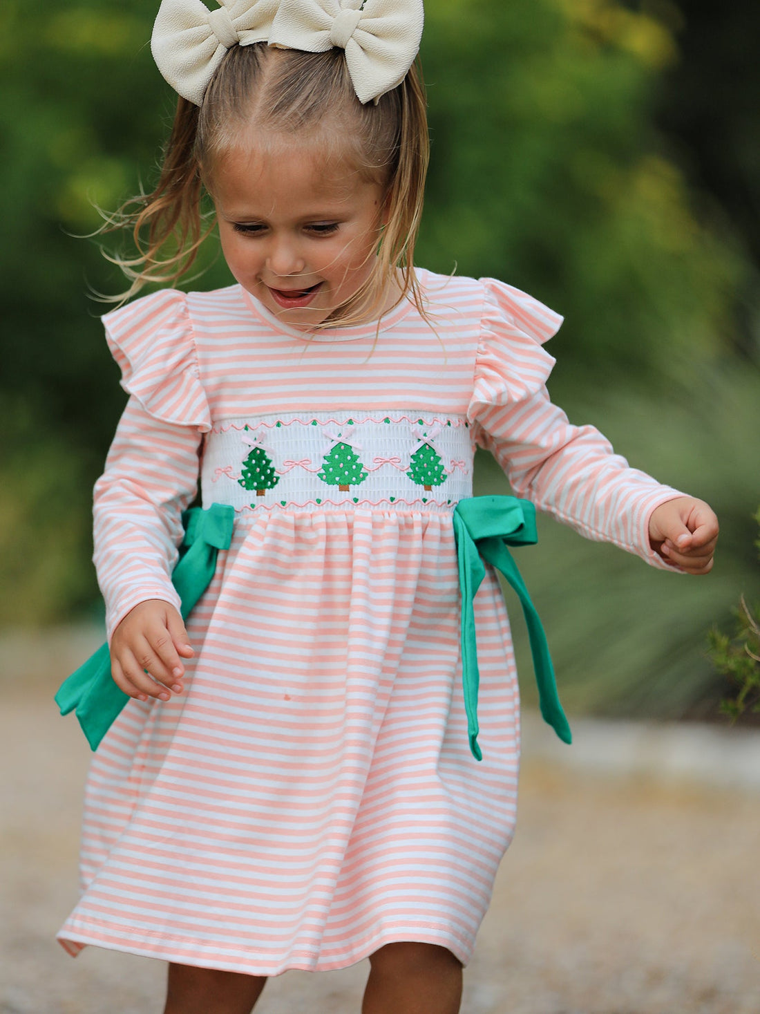 Christmas Tree Smocked Embroidery Stripe Baby Girls Dress