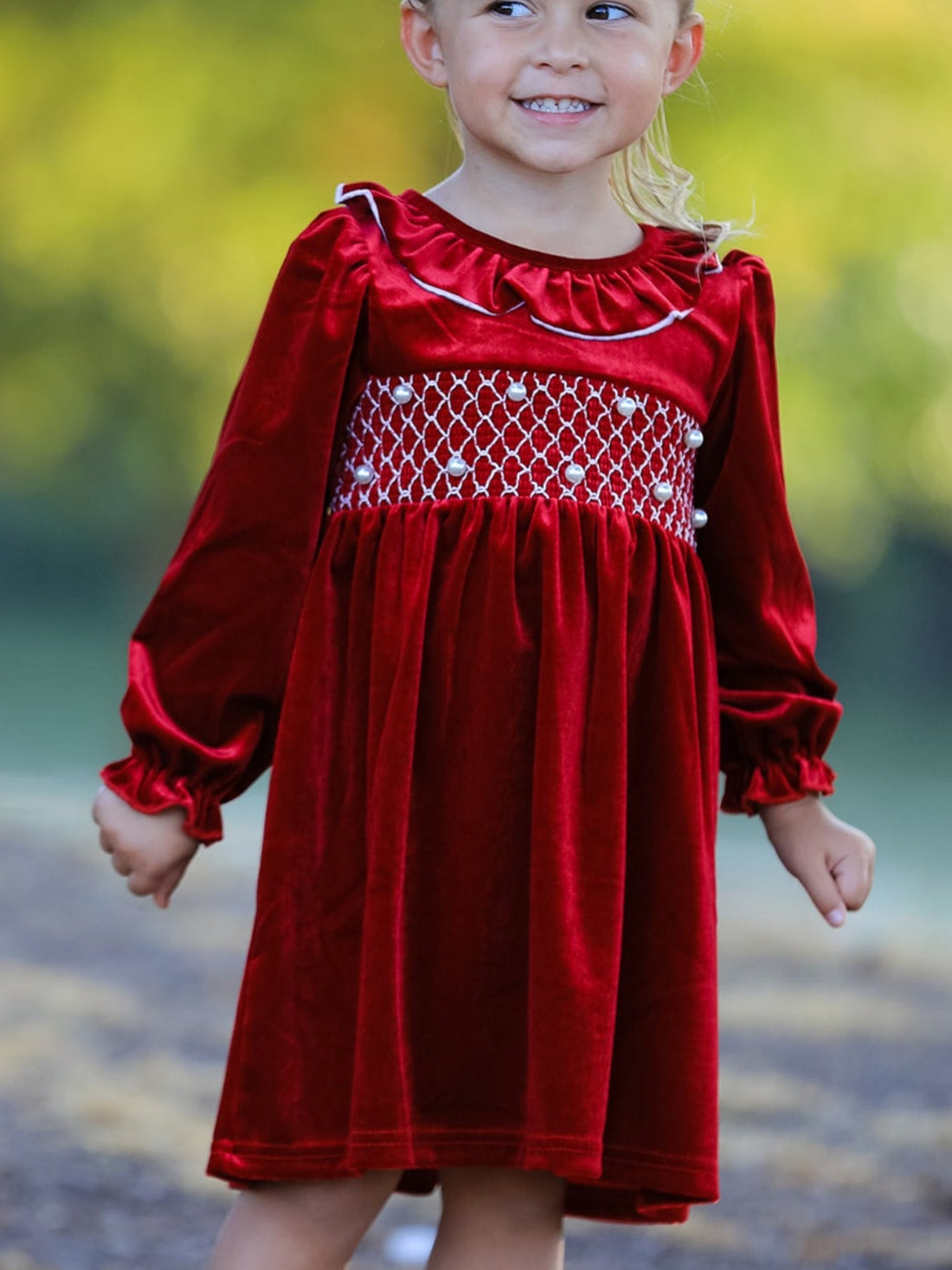Christmas Velvet Smocked Girls Dress with Pearl Detail