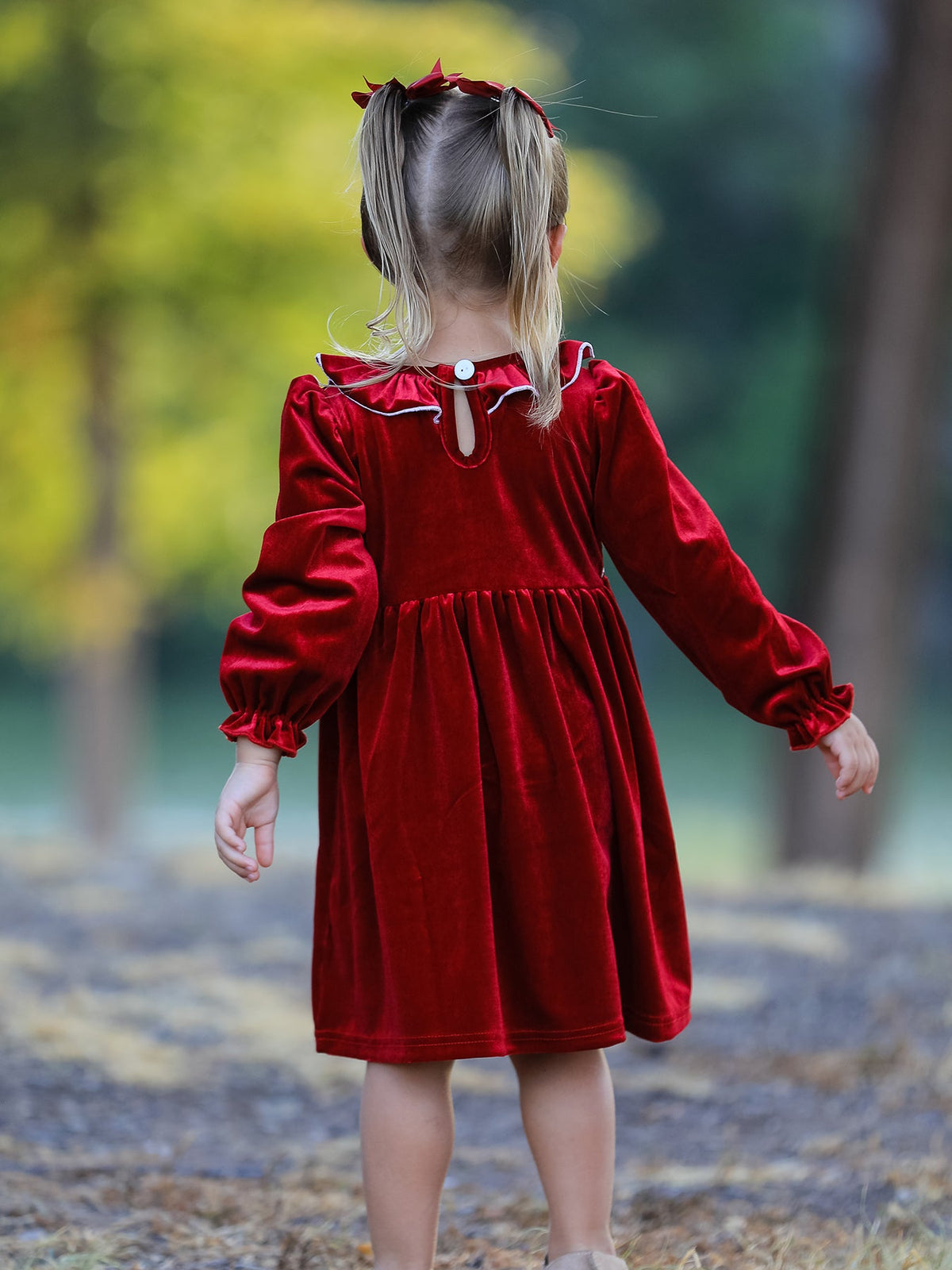 Christmas Velvet Smocked Girls Dress with Pearl Detail