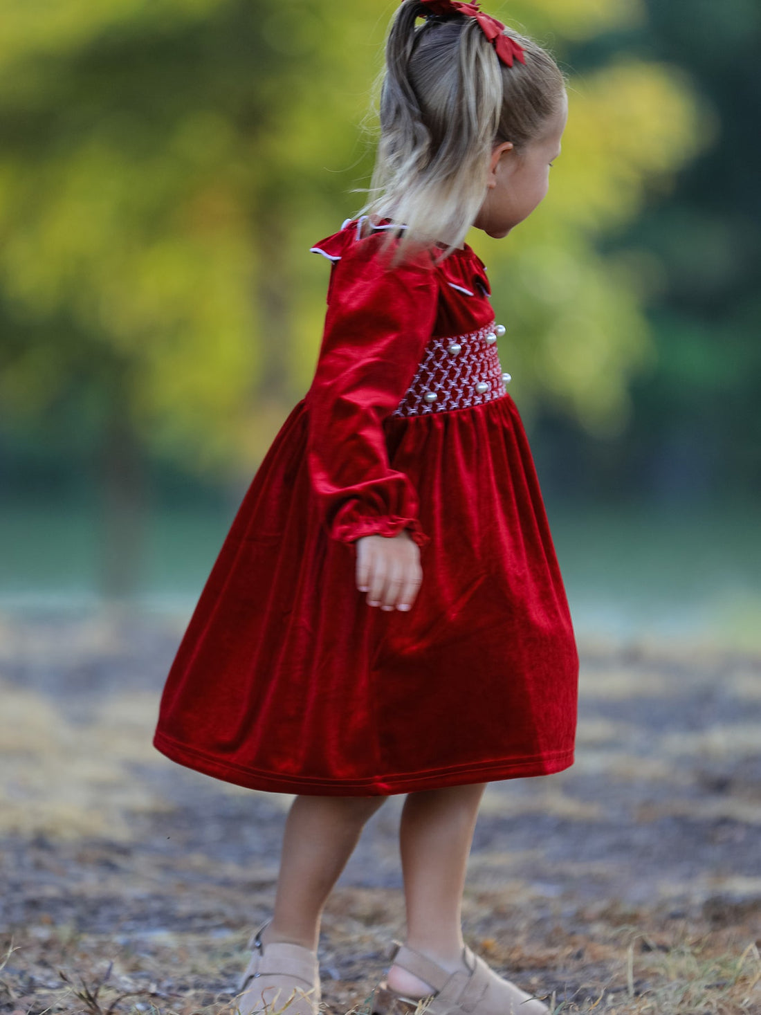 Christmas Velvet Smocked Girls Dress with Pearl Detail