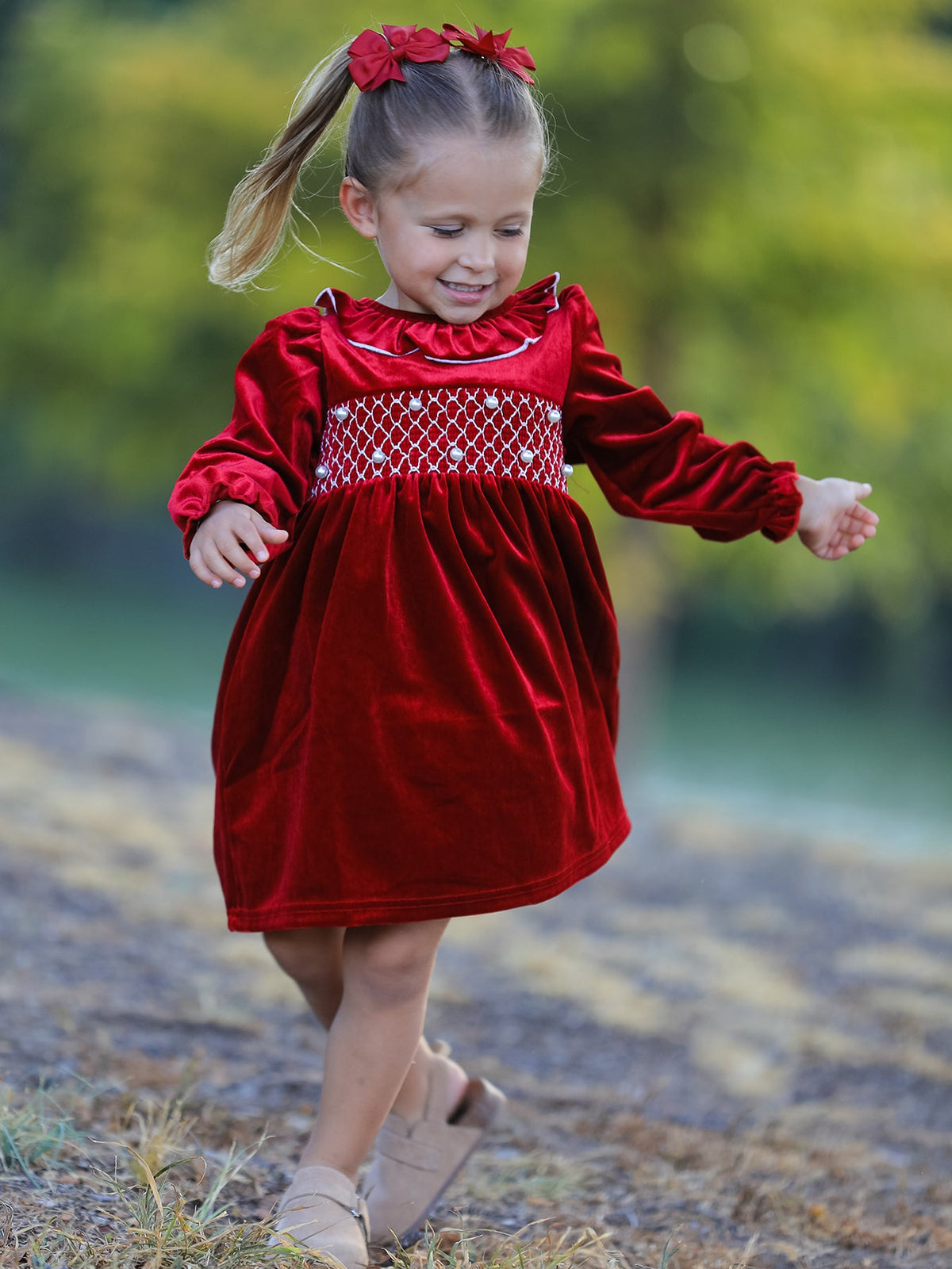 Christmas Velvet Smocked Girls Dress with Pearl Detail