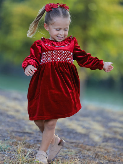 Christmas Velvet Smocked Girls Dress with Pearl Detail