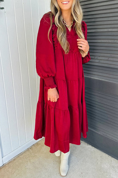 Racing Red Solid Color Ruffle Trim Long Sleeve Tiered Shift Midi Dress