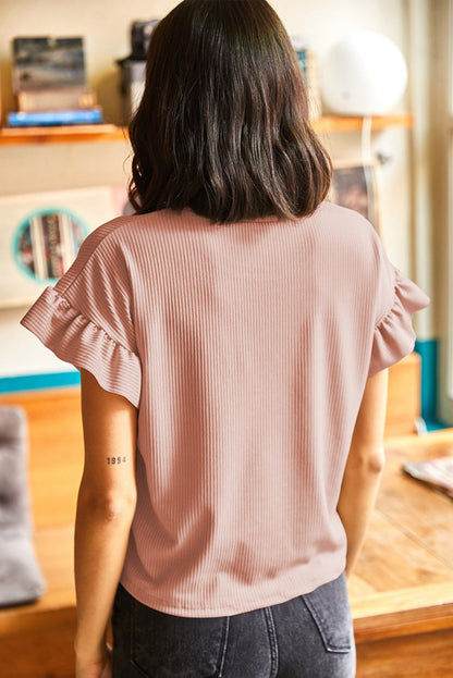 White Solid Color Ribbed Ruffled Short Sleeve T Shirt