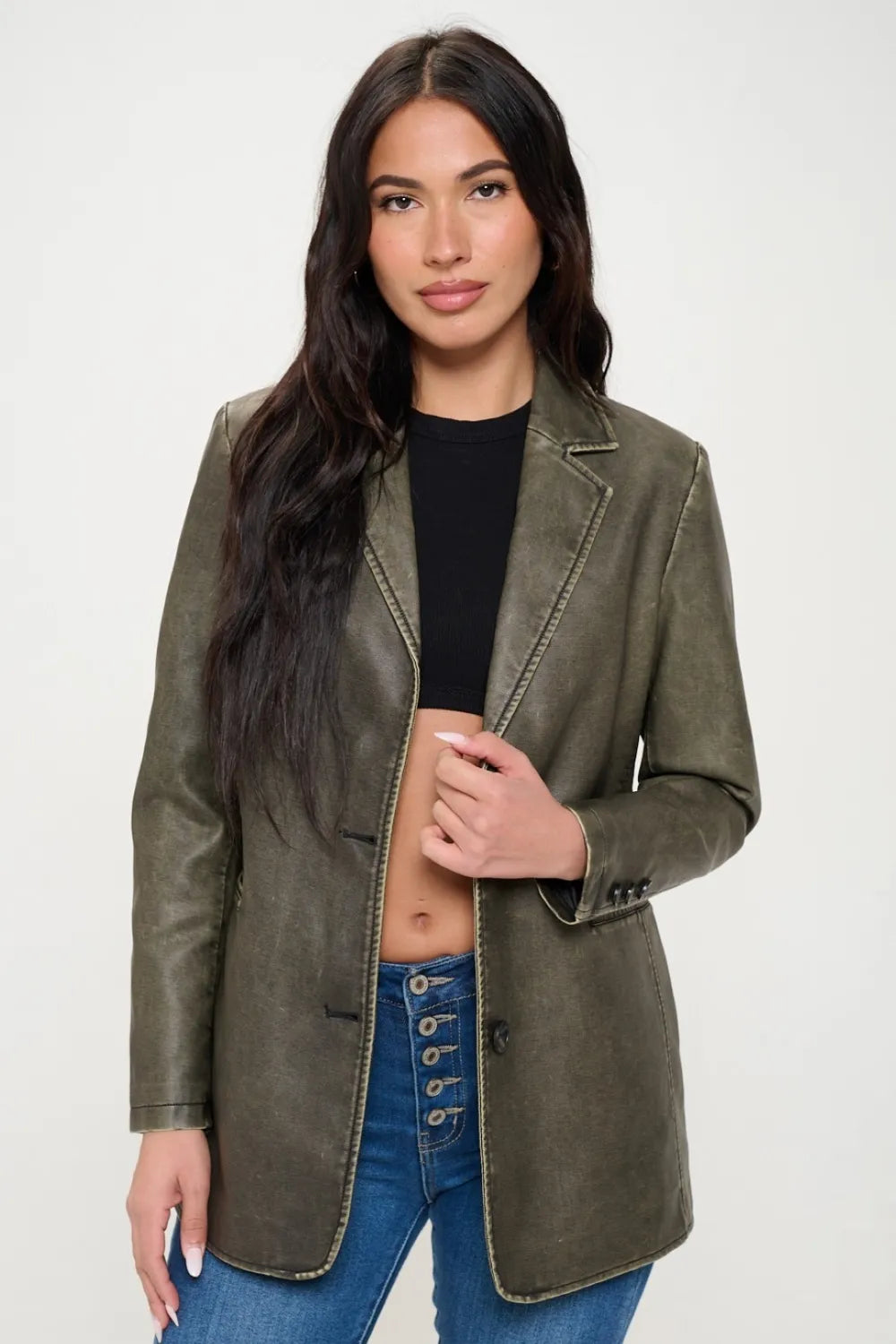Coalition LA Single-Breasted Vegan Leather Blazer front view