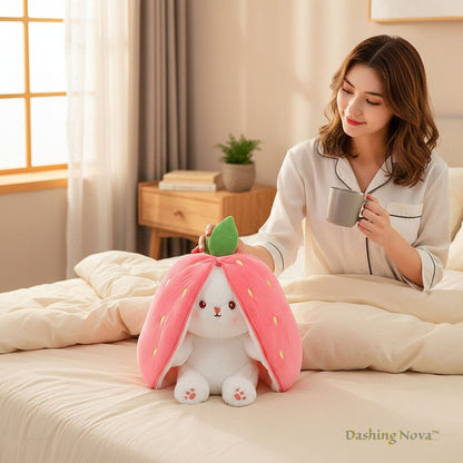 Reversible Strawberry Bunny Plush Toy Soft Polyester Stuffed Animal for Kids Hide and Seek Transforming Toy