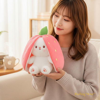 Reversible Strawberry Bunny Plush Toy Soft Polyester Stuffed Animal for Kids Hide and Seek Transforming Toy