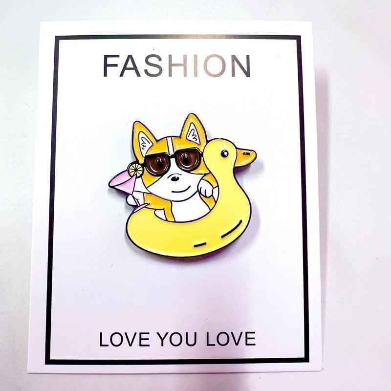 Corgi Floaty Enamel Pin with dual rubber clutches for secure attachment