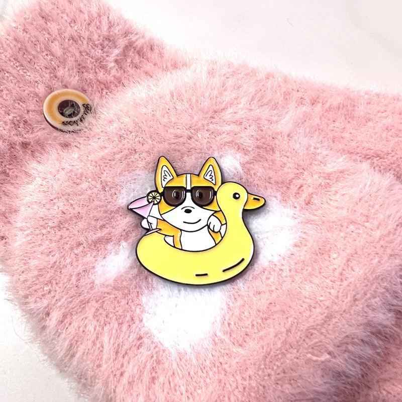 Corgi Floaty Enamel Pin cute vacation-themed gift for corgi lovers and dog fans.