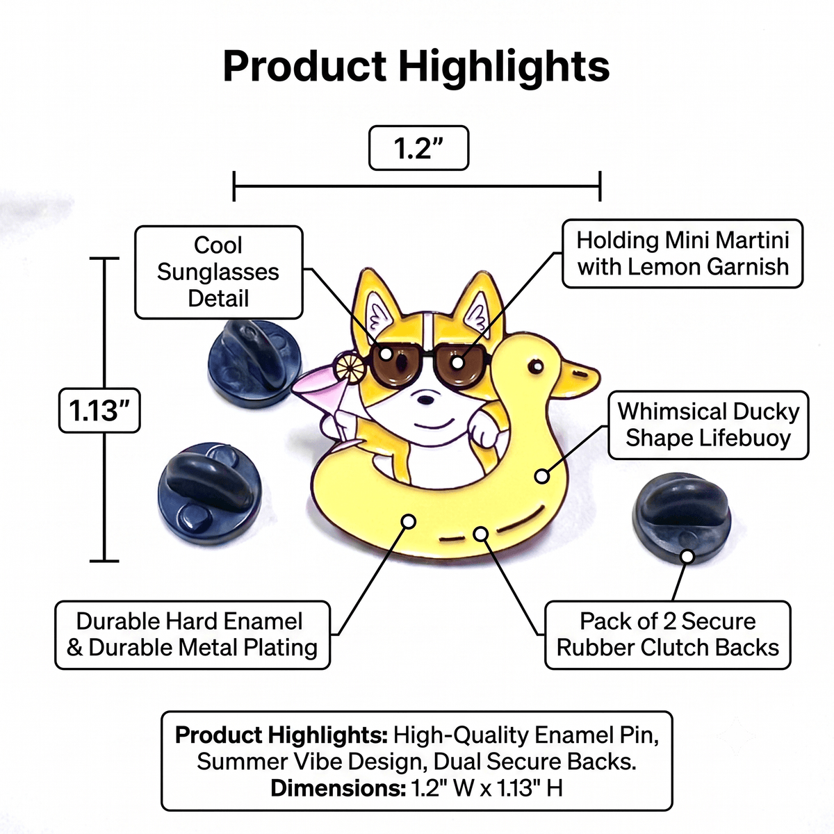 Corgi Floaty Enamel Pin with sunglasses float and cocktail design