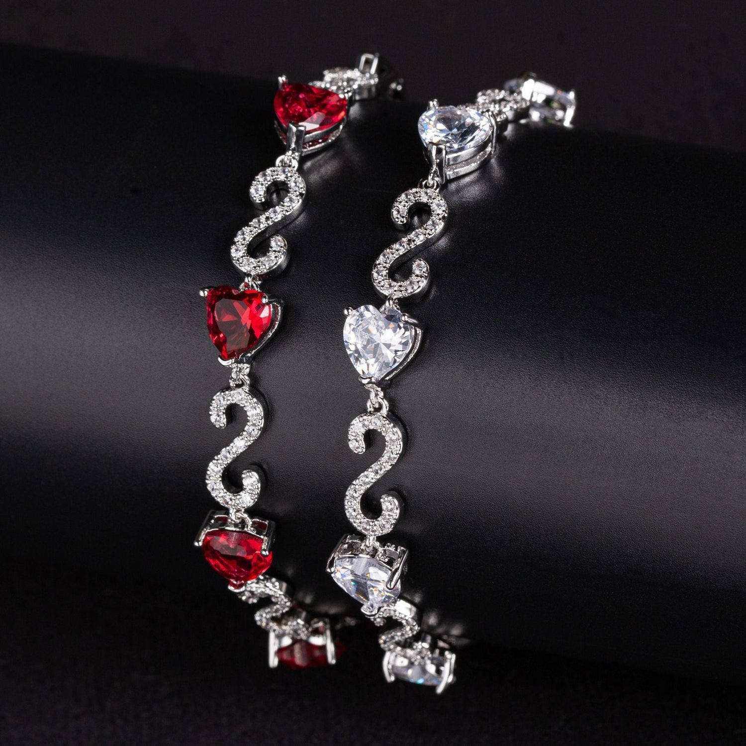 S925 Silver Number-Spliced Heart &amp; Cubic Zirconia Bracelet