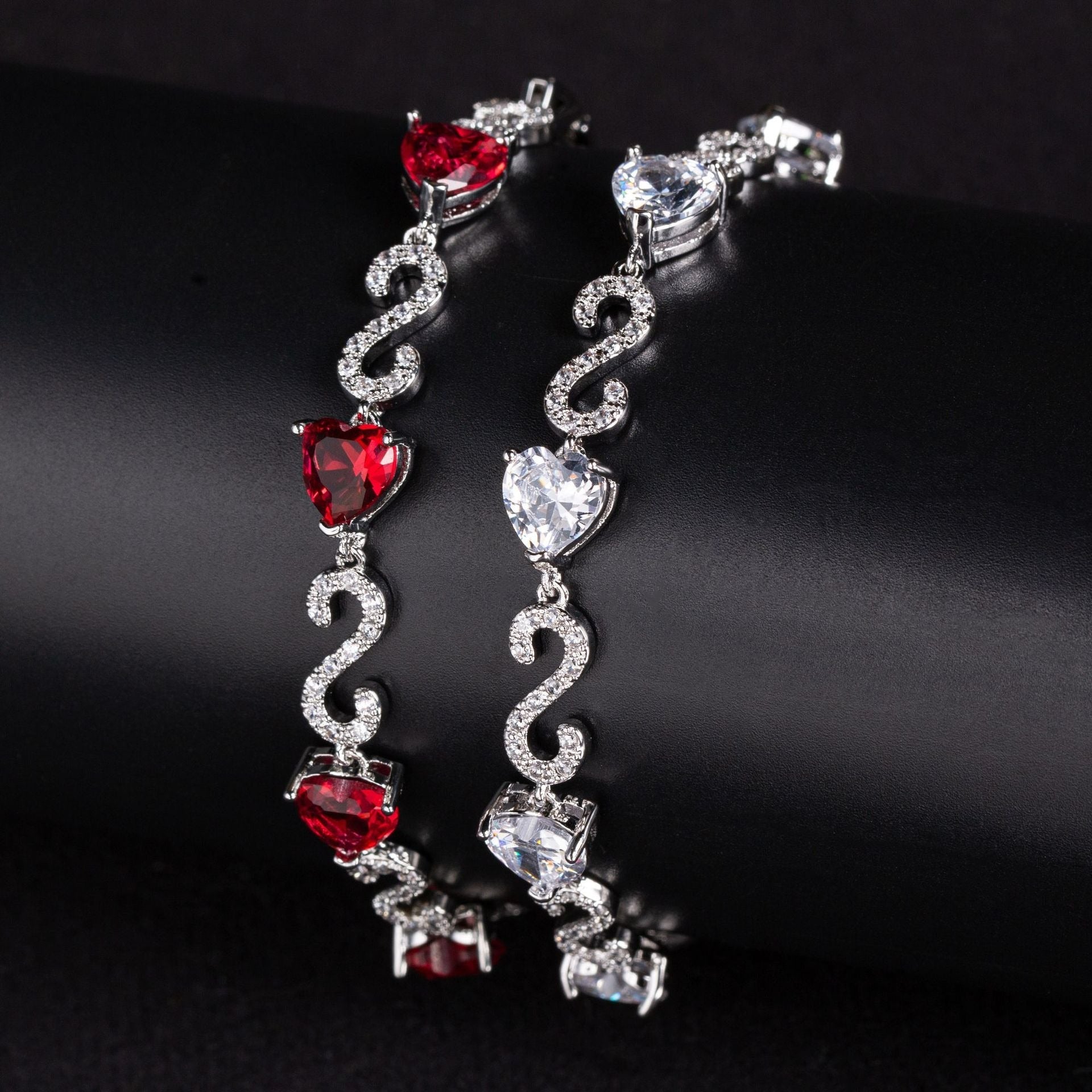S925 Silver Number-Spliced Heart &amp; Cubic Zirconia Bracelet