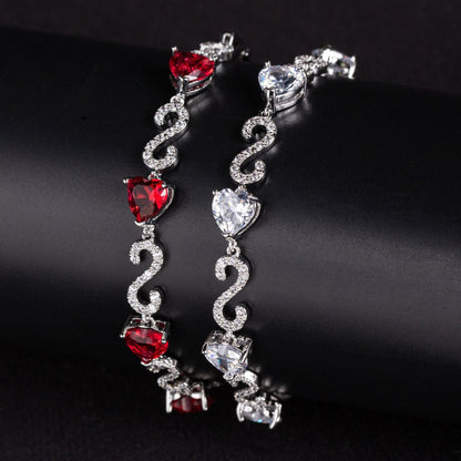 S925 Silver Number-Spliced Heart &amp; Cubic Zirconia Bracelet
